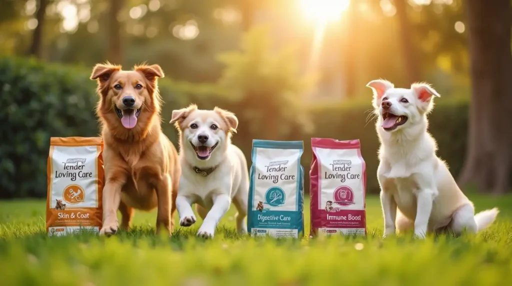 A vibrant, healthy dog running through a sunny field, with a bag of TLC dog food nearby.