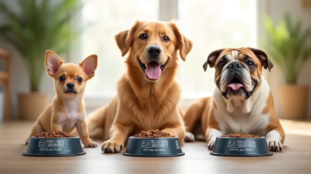 Pet owner reading TLC dog food label while their dog looks up expectantly in a cozy home setting.