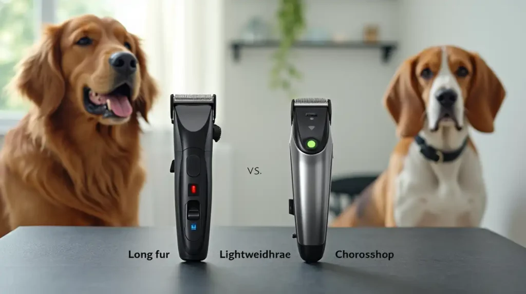 Person selecting pet grooming clippers for dogs from a variety of styles and models.