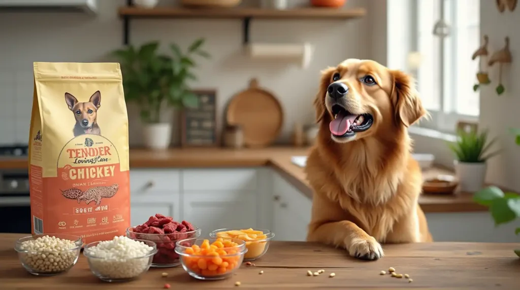 Bag of Tender Loving Care (TLC) dog food next to a healthy, happy dog sitting in a bright kitchen.