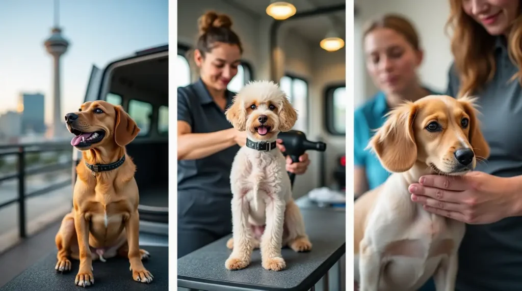 A variety of dog breeds, including Poodles, Shih Tzus, and Golden Retrievers, receiving mobile grooming services.