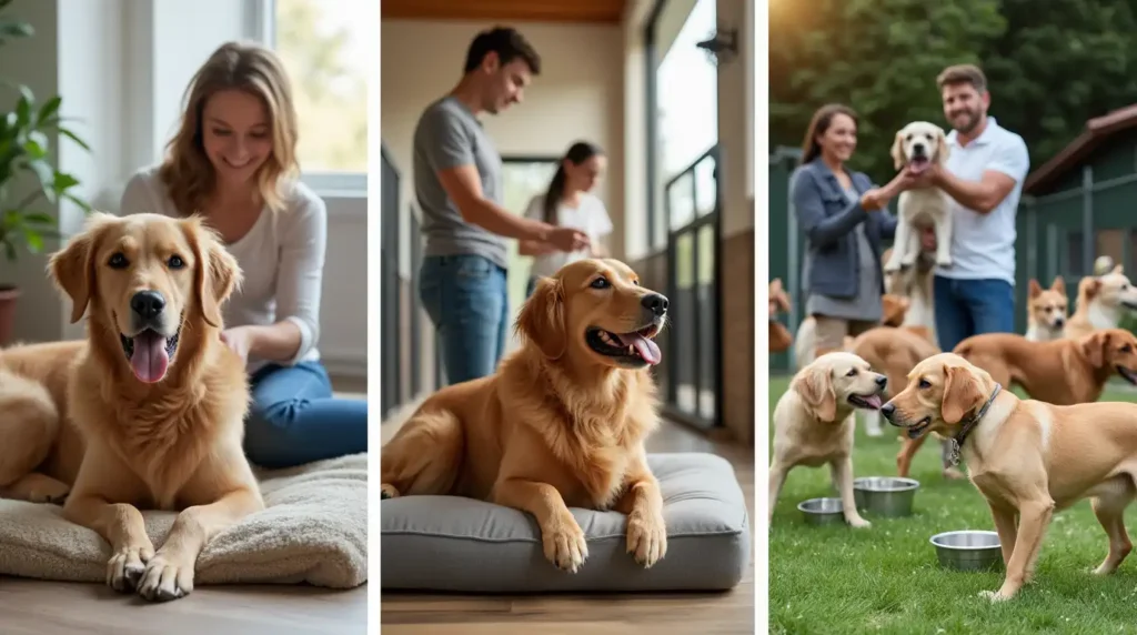 A happy dog being cared for at a modern boarding facility.