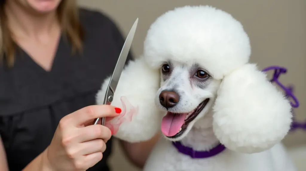 A groomer carefully washing, drying, and trimming a dog’s coat in a clean grooming salon, showing each step of the grooming process.