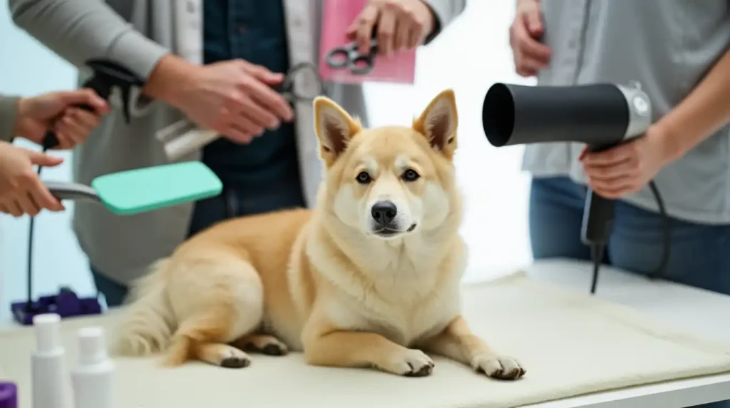 A variety of dog breeds, including a poodle, golden retriever, and schnauzer, each with different grooming needs, displayed with grooming tools in the background.