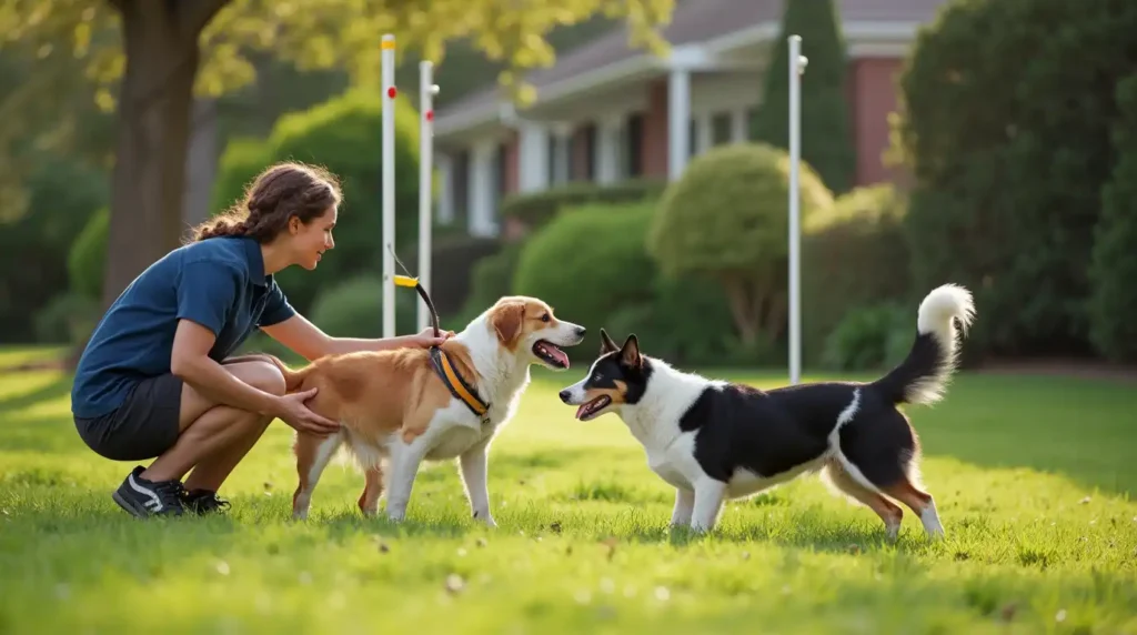 Various dog training services in action including obedience, agility, and behavior correction classes.