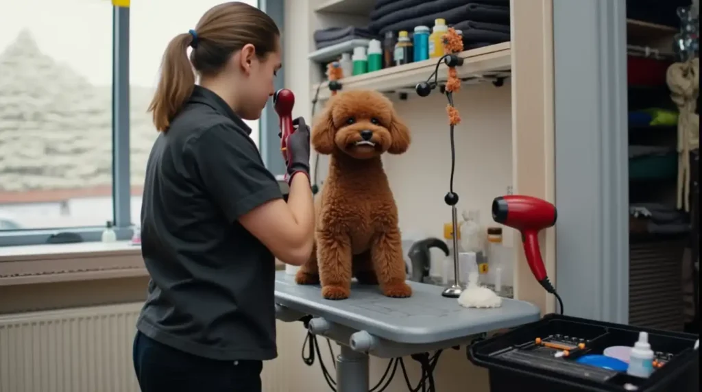 A well-groomed dog being pampered by a professional groomer at Happy Tails Dog Grooming, showcasing a clean and welcoming salon environment.