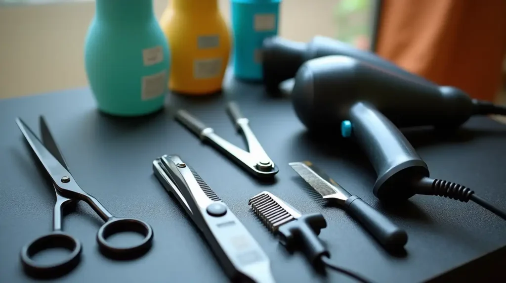 Dog with uneven fur and confused owner holding grooming tools, showing grooming mistakes at home.